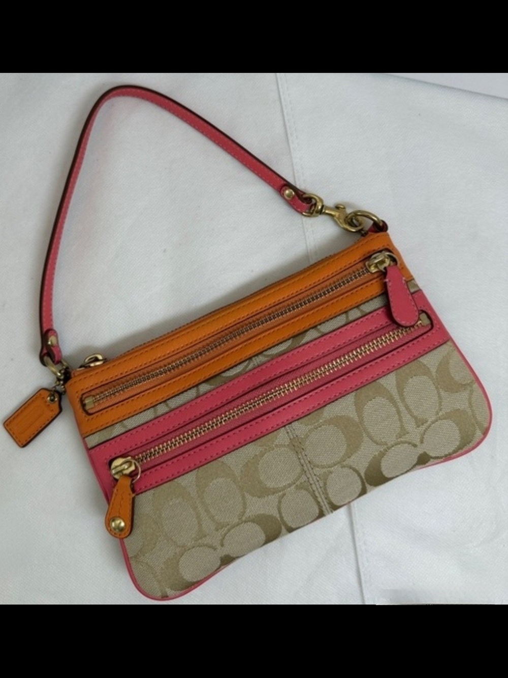 Coach Pink & Orange Signature Canvas Wristlet Clutch Shoulder Bag